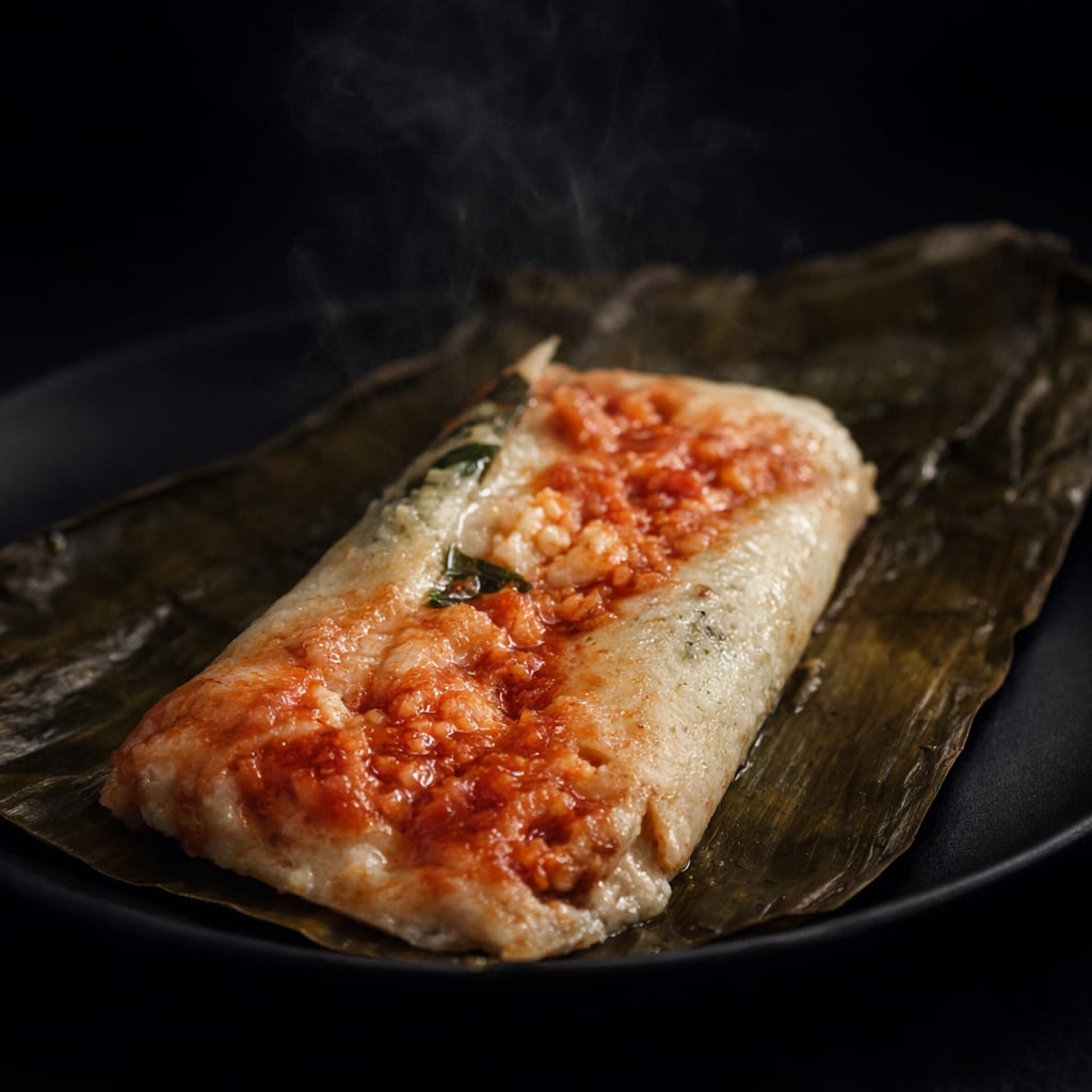 Tamal de queso servido en hoja sobre plato negro.