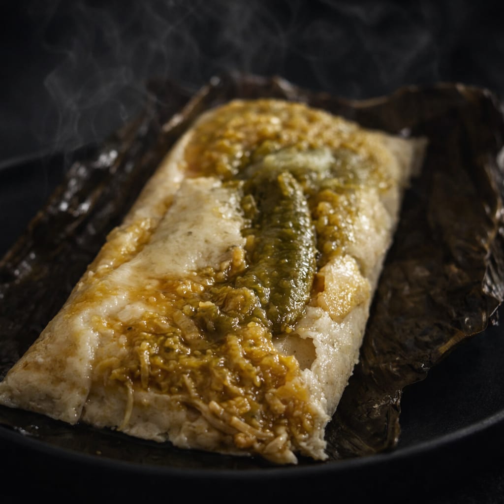 Tamal de salsa verde servido en hoja sobre plato negro.