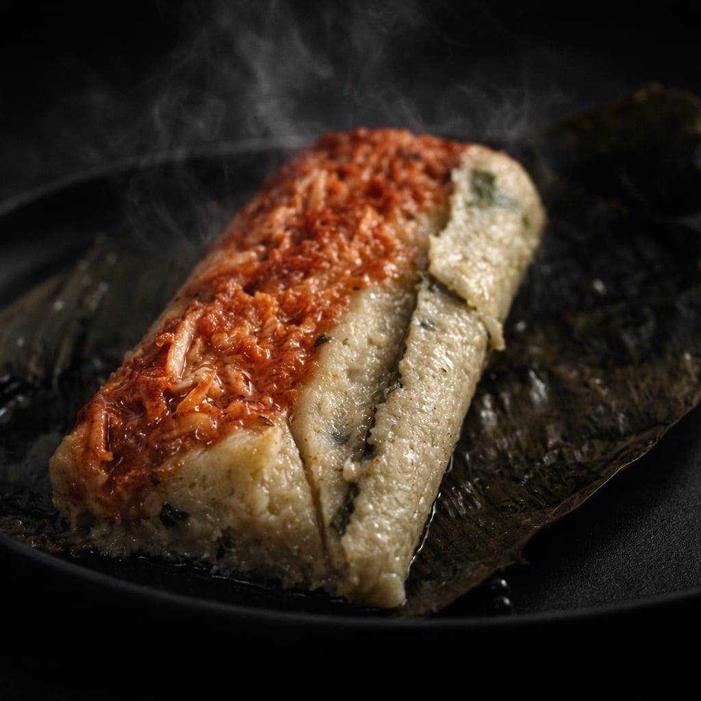 Tamal de chipilín servido en hoja sobre plato negro.