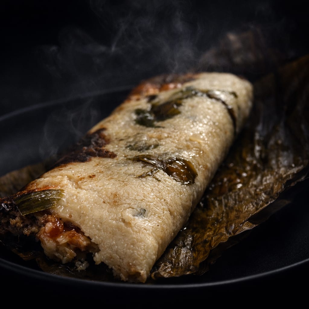 Tamal de frijol servido en hoja sobre plato negro.